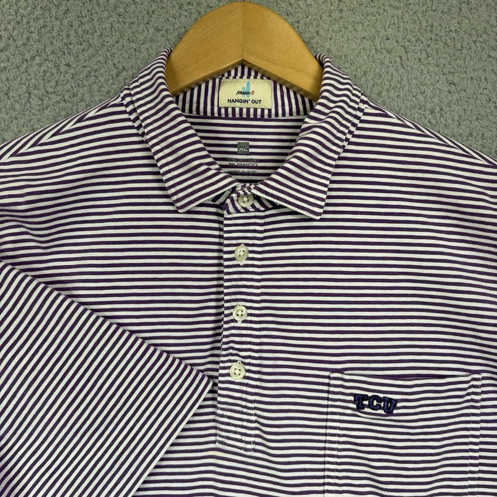 Johnnie-O Hangin' Out Polo Shirt Mens XL Purple Stripe Pocket TCU Horned Frogs